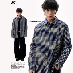 Men's Retro brown Small Plaid Shirt Men's Long-sleeved 2024 Spring New Fashionable Casual Shirt Jacket
