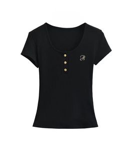 Modal 260g Shoulder Half Open Neck Short Sleeve T-shirt Women's Spice Girls Button Short Slim Fit Slim Top Summer
