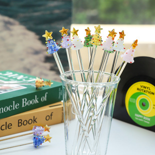 High color value cute cartoon Christmas tree stirring stick creative long handle coffee juice drink glass transparent stirring stick