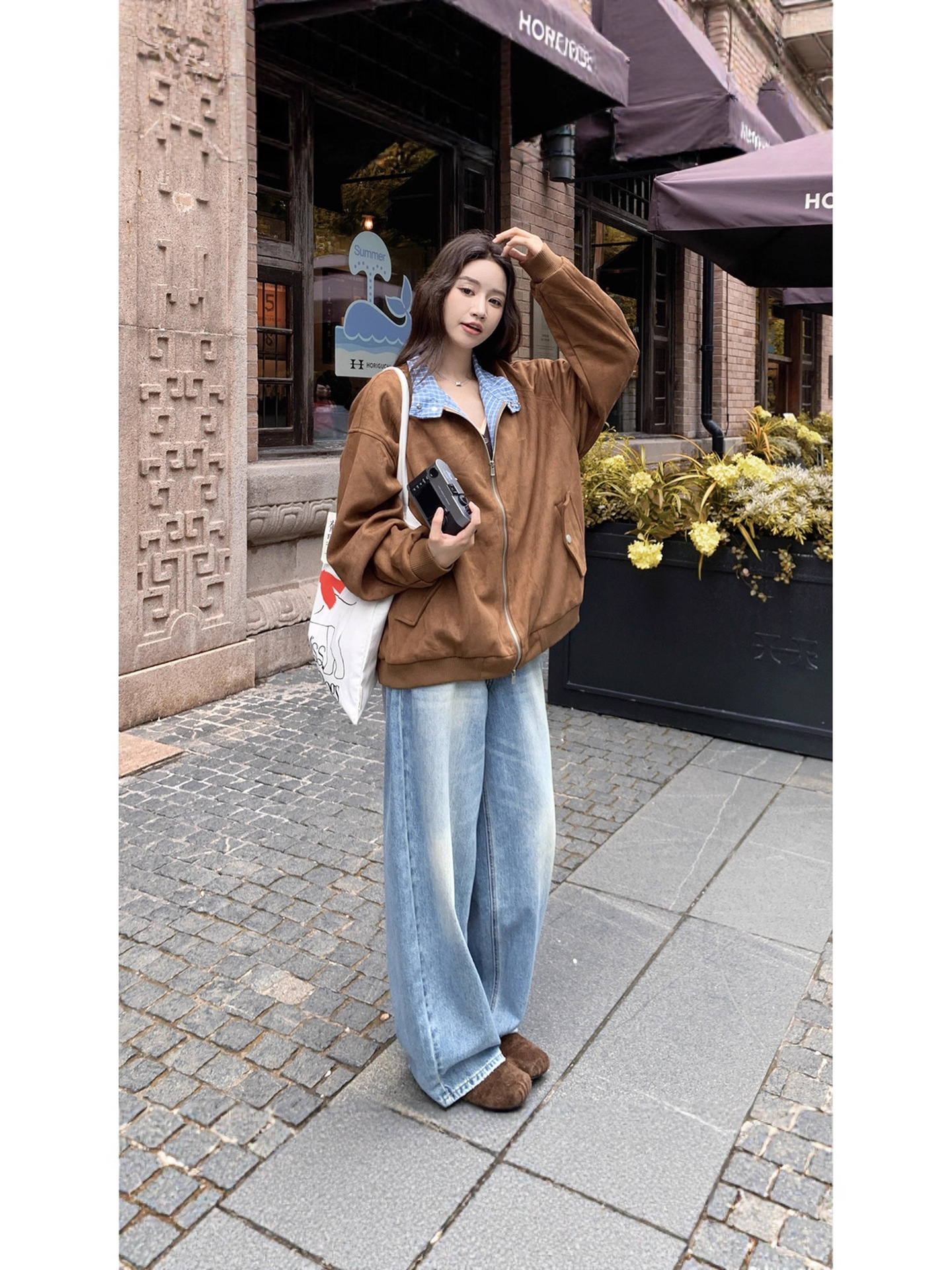 2025 New Style Spliced โโPlaid Loose Retro Workwear Autum Men's and Women's Casual Style Loose Retro Jacket Coffee Color