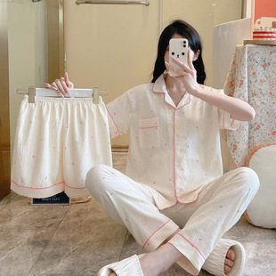 Foreign Trade New Cute Pajamas Women's Air-conditioned Room Summer Short-sleeved Trousers Three-piece Suit Cartoon Home Clothes for Hair