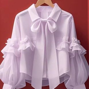 White Early Autumn New Style Ruffled Top for Women French Style Unique Beautiful Green Bow Long Sleeve Shirt