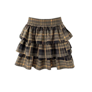Autumn and Winter Gentle Plaid Cake Skirt Women's 2023 New Arrival Skirt Korean Style High Waist Ruffled Skirt