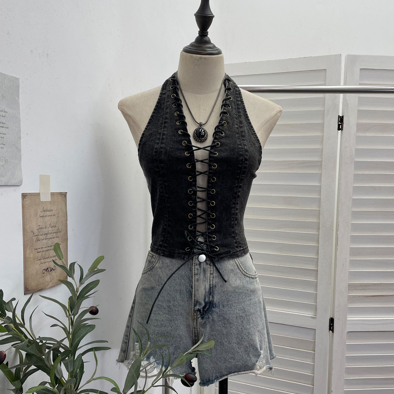 Real Shot of Denim Hollow-Out Lace-Up Halter Neck Tank Top, Sexy Backless Short Sleeveless Top 827
