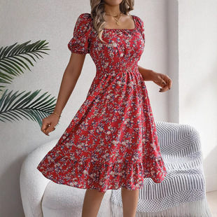 Real shot 2025 spring and summer European and American floral square collar short sleeve waist ruffled A- line skirt Amazon cross-border women's clothing