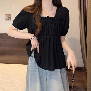plus size Women's Square Collar Pleated Short-sleeved Chiffon Shirt Women's Summer Design Sense Loose Belly Covering Top for Chubby Girls
