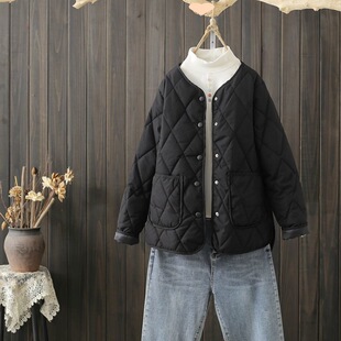2024 winter new plus size women's diamond lattice collarless light cotton short coat cotton-padded jacket late autumn women's cotton-padded jacket