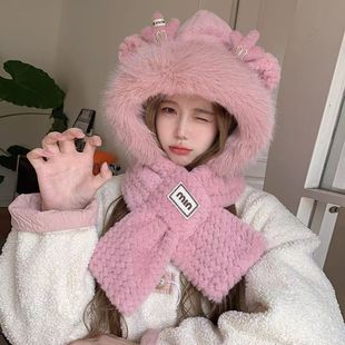 Winter Hat Children's Scarf and Gloves One-piece Three-piece Set Fluffy Hat Cute Longbao Thickened Scarf Warm Riding
