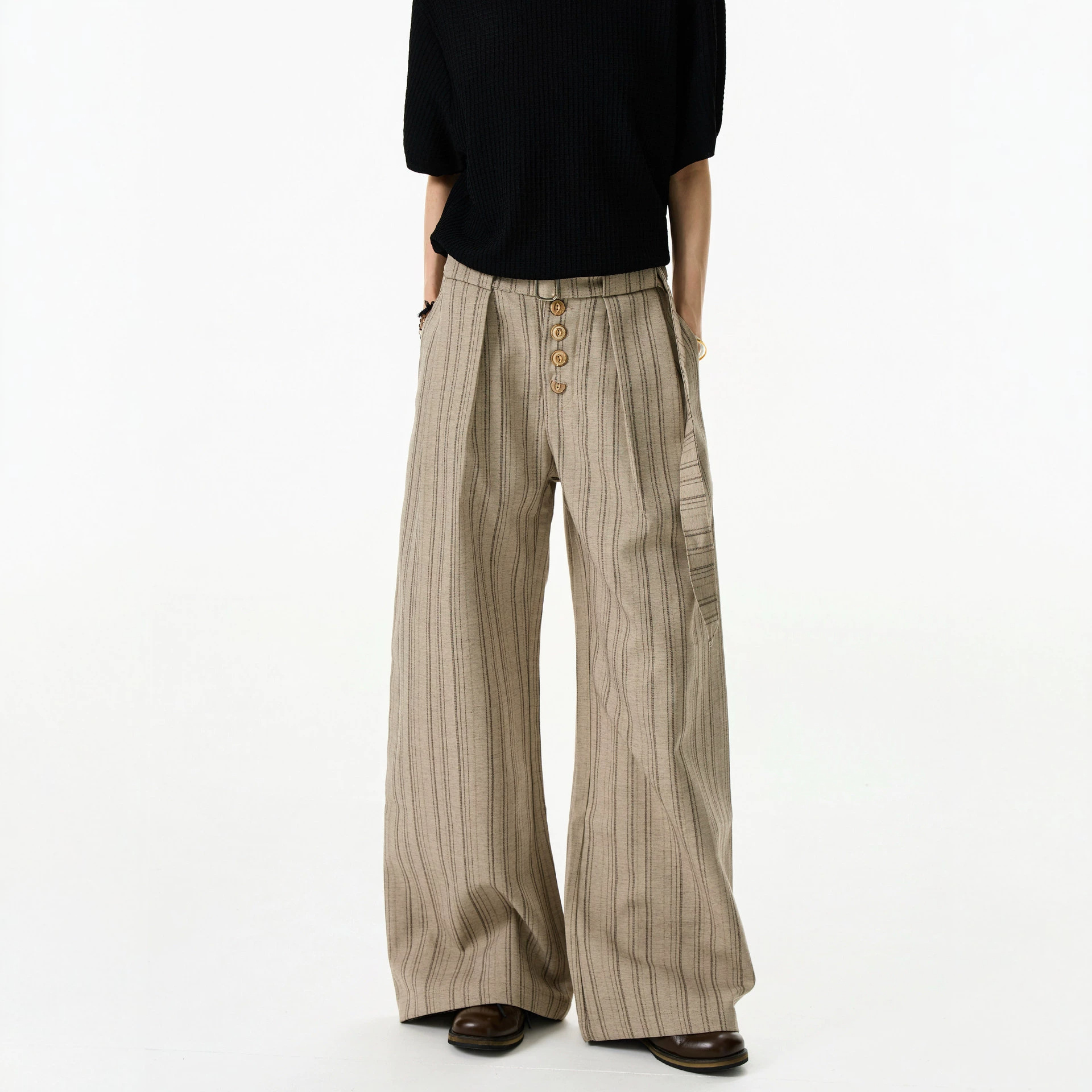 American-Style Striped Wide-Leg Dress Pants for Men, Old Money Style, Loose Casual Button-Front Straight-Leg Trousers with a Drapey Feel