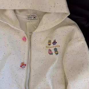 Extra Large Size 150kg Cute and Easiest for Match Age-Reducing Embroidered Cartoon Decorative Button Color Dot Zipper Thin Loose Sweatshirt Jacket