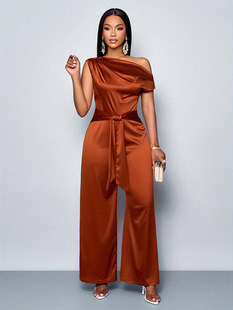 2025 Summer European and American Cross-Border Amazon Ebay European and American Solid Color Fashion Slim Fit Slant Collar Button Women's Jumpsuit