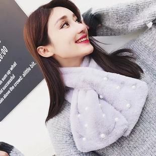 South Korea Chic Style Thickened Solid Color Woolen Scarf Warm Imitation Rex Rabbit Fur Cross Scarf Plush Fur Collar for Women