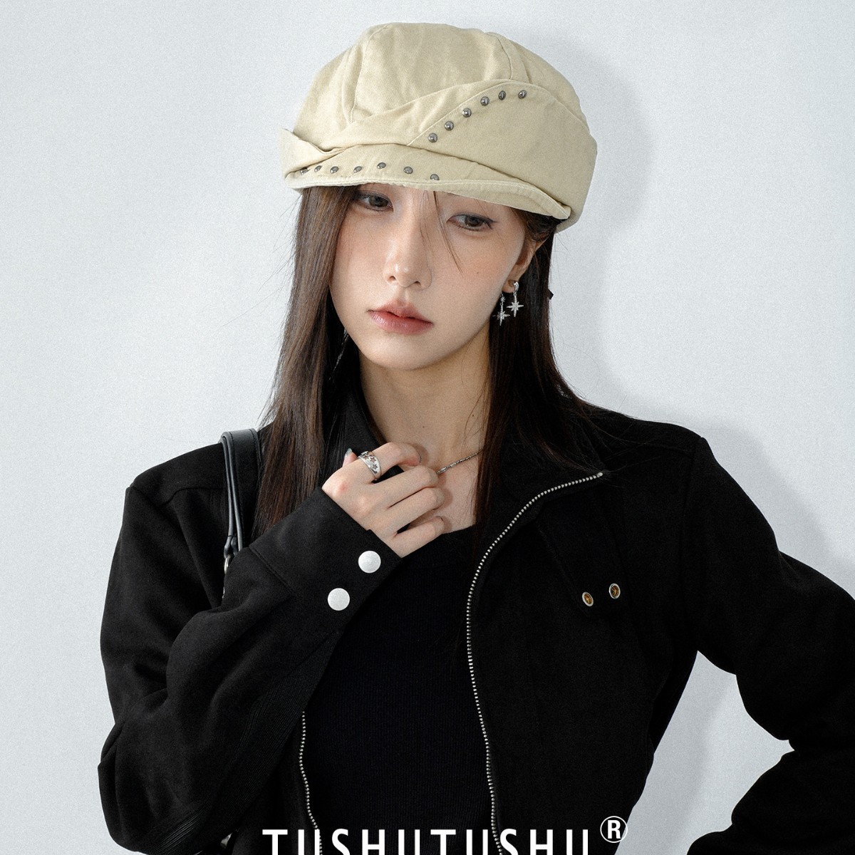 British Retro Rivets ~ Irregular Design Beret Women's Autumn and Winter Fashionable Versatile Painter's Hat Newsboy Hat