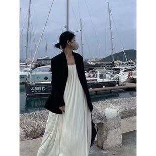 French Style Sweet Style Summer plus size Women's Pleated Loose Sling dress Lazy Style Solid Color Long High-end Style
