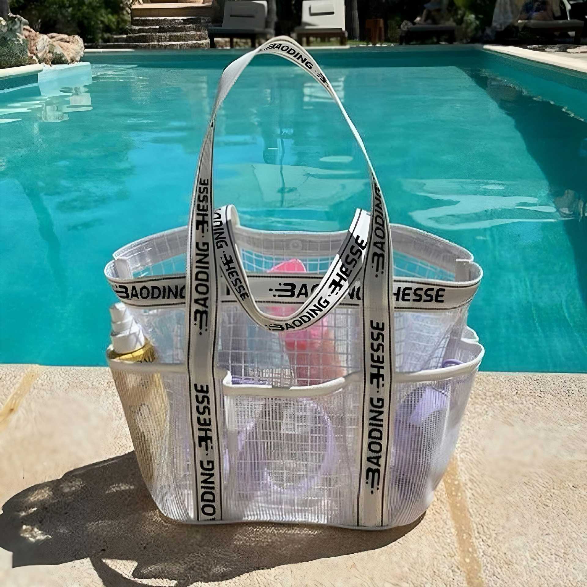 Large-capacity waterproof swimming bag with wet and dry separation, multi-pocket mesh design for swimwear, showering, and gym use.