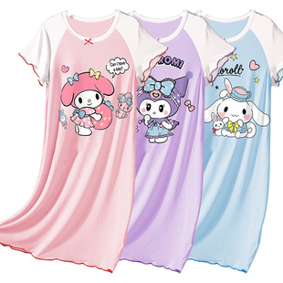Girls' Nightgown Summer Thin Modal Nightgown Short Sleeve Children's Nightgown Girls' 2024 New Big Children's Merlot