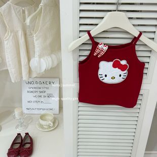 [Xian Ning Seven] Original Gao Ding Girls Summer New Red KT Cat Sling Top Plaid Shorts suit Trendy