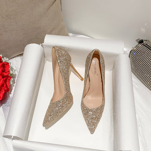 Wedding Shoes Women's Winter Bridal Shoes Sequined Wedding Dress Two-Wear Crystal Shoes 2023 New High Heel Fine Heel Not Tired Feet