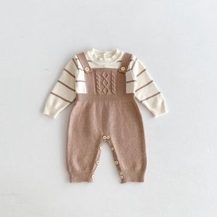 British Fan Autumn and Winter New Children's Wear Baby Children's Pinstripe Pullover Twist Strappy Pants Fake Two-piece Knitted Climbing Suit