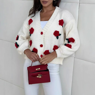 2024 cross-border Amazon autumn and winter new cute wind three-dimensional flower decoration V-neck knitted cardigan sweater coat