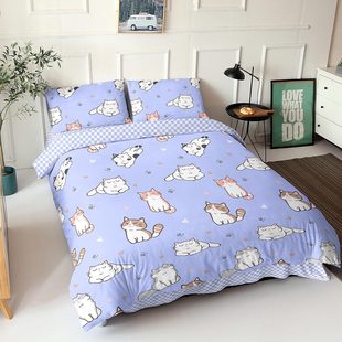 Cross-border bedding foreign trade three or four-piece quilt pillowcase purple cute cat cartoon digital printing Amazon