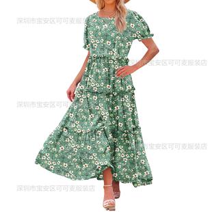2024 cross-border new spring and summer European and American women's bubble sleeve floral fashion slim pleated long printed dress