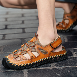 2024 Independent Station Cross-border Casual Shoes plus size Men's Shoes Thick Line Seam Bottom Summer Mesh Fabric Genuine Leather Soft Bottom Men's Sandals