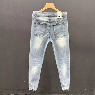 Ins Korean Style Men's Ripped Slim-fit Ankle-length Jeans Summer Youth Popular light blue Tight Foot Pants