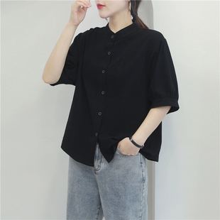 2025 Summer Cotton Linen Shirt Women's Lantern Sleeve Vintage Artistic Top Loose Slimming Middle Sleeve plus size Shirt Women