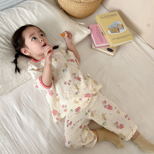 Baby's Pajamas Summer Pure Cotton Thin Children's Mid-sleeve Pullover Double-layer Gauze Home Clothes suit Men's and Women's Air-conditioning Clothes