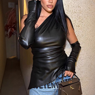 European and American Women's 2025 Autumn New Street Trendy Sleeveless Slant Collar PU Leather Vest with Sleeve Top Women's Suit