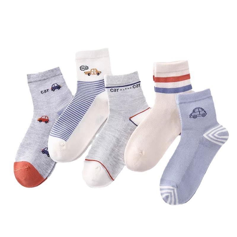 2025 Summer Children's Socks Lightweight Mesh Socks Boys Striped Car Breathable Socks Medium and Large Children's Cotton Socks Wholesale