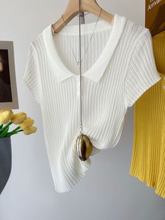 French Style Polo Collar Knitted Short-sleeved Shoulder T-shirt Women's Spring and Summer New Unique Chic Short Women's Thin Top