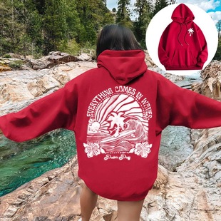2024 New Cross-border European Size Women's Raglan Sleeve Threaded Chasing Sunsets Printed Sweater Hoodie