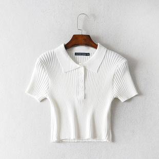 VerTi ExporT European and American STyle New Women's Pure LusT STyle Sexy FronT-breasTed Lapel ShorT Navel-baring ShorT-sleeved T-shirT