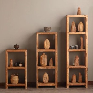 Retro Old Elm Storage Rack Home Corner Cabinet Weathered Texture Solid Wood Display Bookshelf Ceramic Antique Bogu Rack