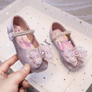 Princess Bow Children's Shoes Women's Spring and Autumn Korean Style Fashion Crystal Sequin Single-layer Shoes with Low Heeled Women's Shoes