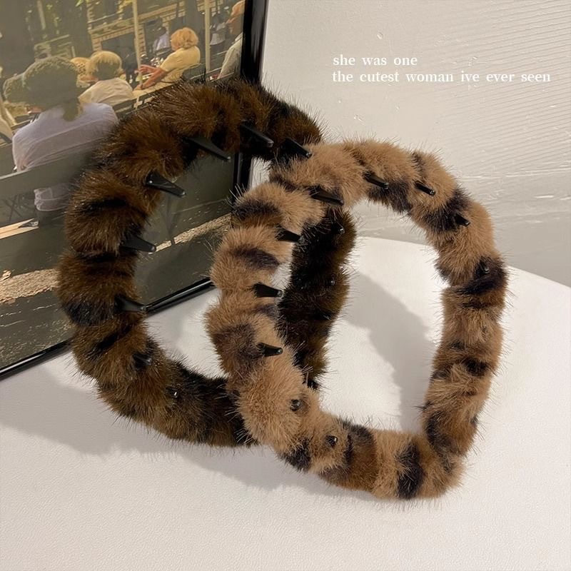 Vintage Plush Leopard Print Wave Hair Hoop Women's Autumn and Winter Face Wash Hair Stamp High Cranial Top Pressure Hair Hoop Broken Hair Finishing Headdress