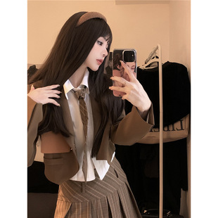 Spring 2025 new Korean long sleeve suit jacket tie shirt plaid pleated skirt fashion suit women's fashion