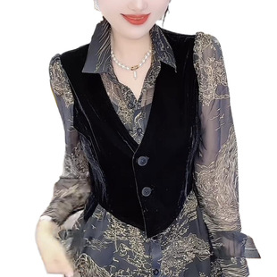 Fake Two-piece Top 2024 Autumn New European Fashion Slim Stitching Shirt Collar All-match Age-reducing Internet Celebrity Elegant