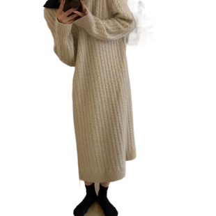 French Style New Style Long-sleeved Knitted dress Women's Spring and Autumn New Lazy Style Sweater Long Dress Loose Skirt
