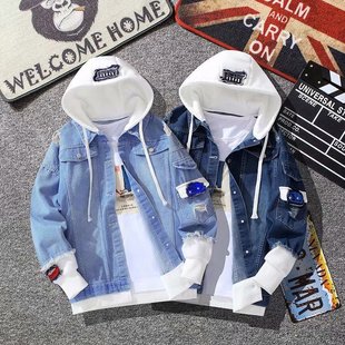 Spring and Autumn Stitching Fake Two-piece Denim Jacket Men's Korean-style Fashionable All-match Loose Workwear Hooded Casual Jacket Trendy