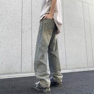 2024 Full Printed Jacquard Jeans Men's Summer American Style Retro Pants High Street Trendy Brand Wear Straight Trendy Pants