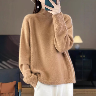 Autumn and Winter New Half-turtleneck Sweater Women's Jacquard Lazy Style Sweater Thickened Loose Sweater Knitted Base Shirt Trendy