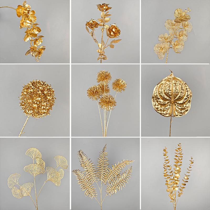 Golden Artificial Flowers, New Year's Eve Flowers, Golden Leaves, Eucalyptus, Ginkgo Leaves, Phalaenopsis Orchids, Fake Flowers, Golden Artificial Flowers Wholesale