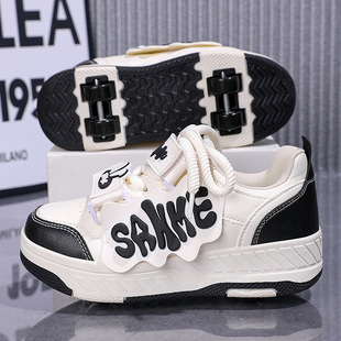 2024 New Leather Girls' Cute Walking Shoes Girls' Roller Skates Breathable Four-wheel Non-slip Wear-resistant Big Sole