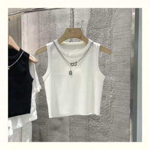 Summer 2024 Short Round Neck Chain Knitted Sweater Slim-Fit Solid Color Base Vest Shirt Sleeveless Top