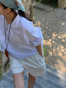 Raw C Korean Style Lapel Button Simple Plaid Shirt for Women 2025 Summer Loose Casual Pure Cotton Long-Sleeved Top Nw