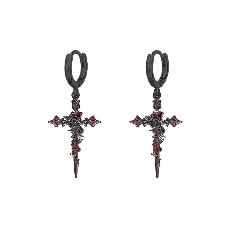 Cross-Border Hot Selling Halloween Cross Thorn Rose Pendant Earrings Trendy Personalized Dark Earrings Jewelry Wholesale