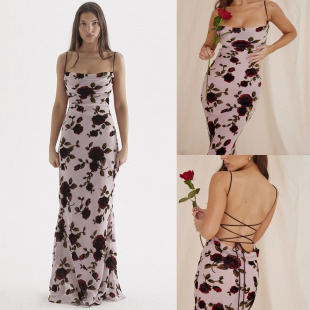 2025 European and American style spring and summer new women's fashion strap sexy backless slim-fit printed hip dress dress